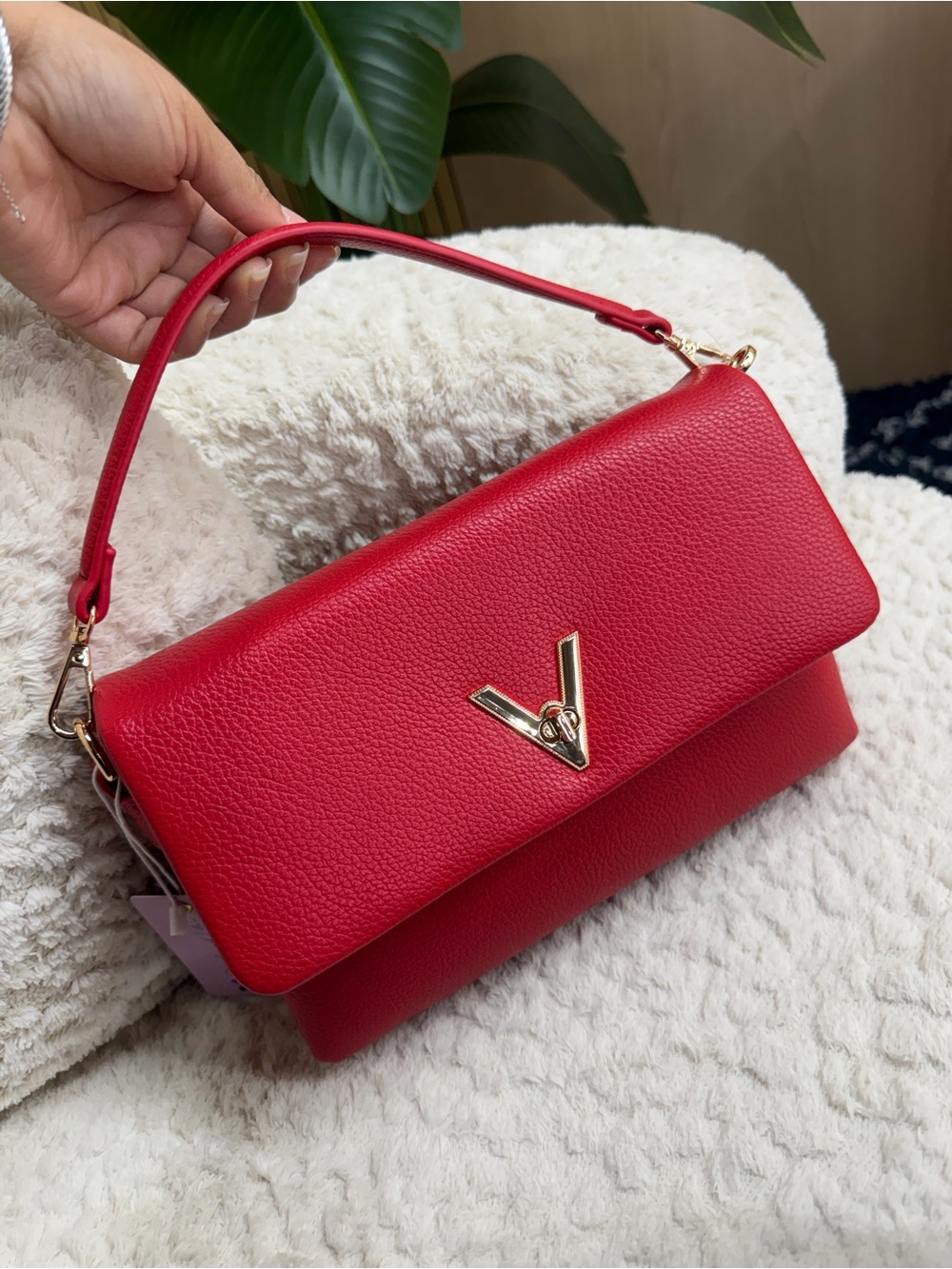 Red Leather Top-Handle Shoulder Bag with Gold Accent